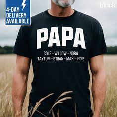 Customize this Father's Day Papa shirt with all of their grandkids' names!  It's the perfect custom men's t-shirt that any Papa will cherish! Our Bella+Canvas tees have that light and vintage feel. ♥ Our Comfort Colors tees are garment-dyed for that trendy distressed look. ♥ 》 》HOW TO ORDER 《 《 * Select product, size + color from the drop down menus * Add the kids names in the personalization box.  * Add to cart + place order ♥ * Your shirt is now in production & will be ready to ship in 1-3 day Father's Day Name Print Crew Neck T-shirt, Personalized Cotton T-shirt For Family Gatherings, Custom Text T-shirt For Family Gatherings, Customizable Crew Neck T-shirt For Father's Day, Customizable Father's Day Crew Neck T-shirt, Customizable T-shirt For Father's Day, Personalized T-shirt For Father's Day, Personalized Crew Neck T-shirt For Father's Day, Personalized Crew Neck Tops For Father's Day