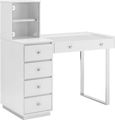 a white desk with drawers and shelves on it