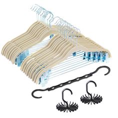 an assortment of clothes hangers and hooks