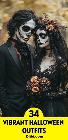 two people dressed up in skeleton makeup and black clothing with text that reads, 34 vibrant halloween outfits