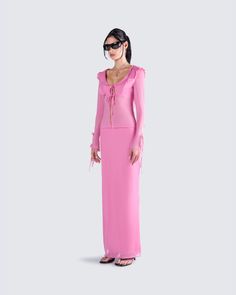 All pink - just like we like it 😏 Featuring a pink long-sleeve top, paired with a maxi skirt - this two-piece matching set is serving attitude, in the sweetest way possible 💕 Pink Evening Maxi Skirt For Spring, Spring Evening Pink Maxi Skirt, Pink Maxi Skirt For Spring Evening, Trendy Pink Maxi Dress For Party, Fitted Feminine Pink Maxi Skirt, Fitted Pink Feminine Maxi Skirt, Fitted Pink Maxi Skirt, Feminine Style, Feminine Long Sleeve Pink Maxi Dress, Feminine Pink Long Sleeve Maxi Dress