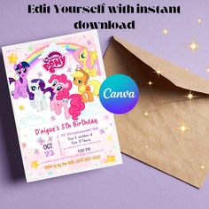 an envelope with a pink pony birthday party card on it next to a brown envelope that says, edit yourself with instagram