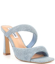 From Steve Madden&#x2C; the Kloss Denim Tubular Sandals feature:Fabric upper with tubular strap detailingSquare toe constructionSlip-on designSynthetic liningSynthetic outsoleApprox. 3.75" heel heightImported. Dress Mules, Casual Sandals, Dress Sandals, Heeled Mules, Steve Madden, Women's Shoes Sandals, Shoes Sandals, Heel Height, Slip On