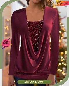 Square Neck Casual Plain Glitter Top Sequence Tops, Sequin Blouse, Glitter Top, Christmas Tops, Stylish Clothes, Red Sequin, Christmas Wine, Women Shirts Blouse, Christmas Fashion