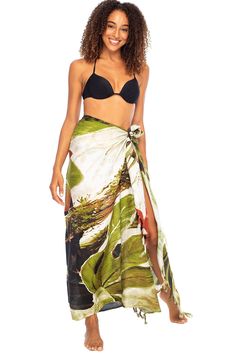 HAWAIIAN PARROT SARONG. Striking parrot sarong wrap with vibrant tropical colors gives you an exotic look and feel. Trimmed with boho fringed edges. Includes a coconut clip for easy tying GENEROUSLY SIZED at 67?x 45?, this swimsuit cover up fits most sizes. Wear it as a sarong skirt, wrap as a pareo dress, or wear as a shawl. Use for a beach blanket, tablecloth, even a colorful wall hanging 100% RAYON. With a soft, silky feel, rayon is a natural fiber that lets skin breathe. This bathing suit or