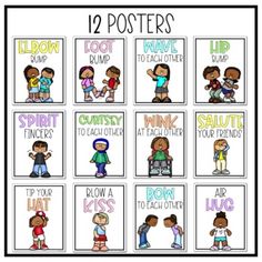 12 posters with different pictures and words to describe the feelings in each child's body