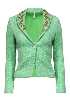 Current Boutique-Iisli - Lime Green Knit Blazer w/ Embroidery Sz 2 Chic Embellished Winter Blazer, Chic Embellished Blazer For Fall, Winter Embellished Blazer For Workwear, Winter Workwear Embellished Blazer, Embroidered Fall Blazer, Tailored Embroidered Blazer For Fall, Tailored Embroidered Outerwear For Fall, Elegant Embellished Blazer For Fall, Spring Embellished Long Sleeve Blazer