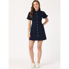 This shirt dress is cut from stretchy denim and is meant to be worn for every fun day on your agenda. This sweet a-line dress has a denim construction that shapes the collared and vintage puff sleeves. A set of princess seams frame the full button placket that spans from the bodice to the mini hem. Pair this cutie with your fave plimsolls for the cutest casual style! Dark Wash Short Sleeve Dress With Buttons, Denim Blue Short Sleeve Shirt Dress, Short Sleeve Cotton Denim Dress For Day Out, Short Sleeve Denim Blue Shirt Dress With Buttons, Cotton Denim Dress With Short Sleeves For Day Out, Dark Wash Short Sleeve Dress With Button Closure, Trendy Cotton Knee-length Shirt Dress, Trendy Dark Wash Mini Dress With Button Closure, Casual Dark Wash Button-up Mini Dress