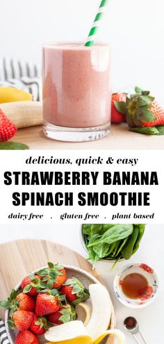 strawberry banana spinach smoothie with strawberries and bananas on the side, next to it