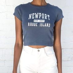 Brand New With Tags! Brandy Melville Ashlyn Crop Top. Fit Sizes Xs/Small. Blue Letter Print Crop Top, Casual Blue Crop Top With Letter Print, Fitted Navy Crop Top For Summer, Navy Casual Fitted Crop Top, Casual Fitted Navy Crop Top, Trendy Fitted Navy Tops, Brandy Melville Shirts, Brandy Melville Top, Newport Rhode Island