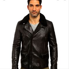 Men's Size Extra Small Coach Long Leather Moto With Shearling Collar Jacket, New With Tags Luxury Winter Outerwear For Biker Events, Black Aviator Leather Jacket With Padded Collar, Designer Black Biker Jacket With Padded Collar, Designer Leather Biker Jacket For Winter, Designer Leather Jacket For Winter Business, Designer Leather Jacket For Business In Winter, Designer Biker Jacket With Zip Fly For Winter, Designer Biker Jacket For Business In Winter, Black Shearling Biker Jacket With Long Sleeves