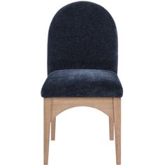 an upholstered chair with a wooden frame and dark blue fabric on the back