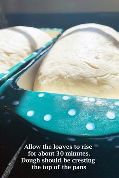 two loaves sitting on top of a blue and white plate next to a spoon