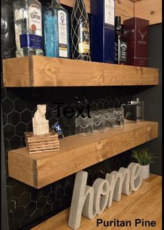 some shelves with bottles and glasses on them