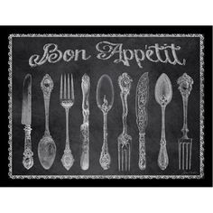 a black and white drawing of spoons and forks with the words bon appetit