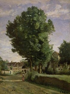 a painting of a country road with houses in the distance and trees on either side