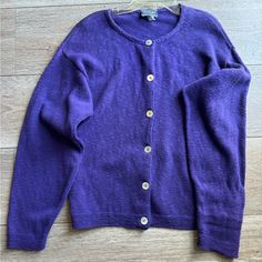 Cute Purple Cardigan Women Size M New And Never Worn Casual Cashmere Tops With Buttons, Classic Crew Neck Soft Knit Cardigan, Crew Neck Cardigan With Buttons For Fall, Casual Knitted Wool Cardigan, Crew Neck Button Cardigan For Fall, Spring Cashmere Outerwear With Crew Neck, Spring Cashmere Crew Neck Outerwear, Wool Long Sleeve Soft Knit Cardigan, Long Sleeve Wool Cardigan With Soft Knit