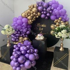 purple and gold balloon arch with flowers in vases on black pedestals for display