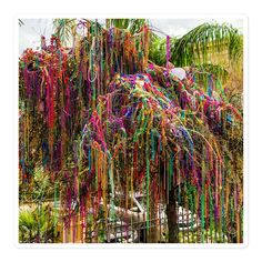 a tree covered in lots of colorful beads and string hanging from it's branches