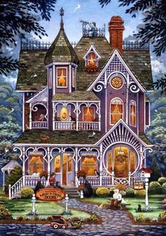 a painting of a purple house with lots of windows and lights on the front porch