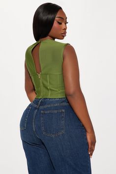 Available In Olive. Crew Neck Sleeveless Bandage Cut Out Detail Back Zipper Closure Stretch 97% Polyester 3% Spandex Imported | Gia Bandage Corset Top in Olive Green size XS by Fashion Nova Olive Fashion, Knit Tops, Jeans Jumpsuit, Matching Dresses, Corset Top, Matching Sets, Fashion Nova, Olive Green, Jumpsuit Romper