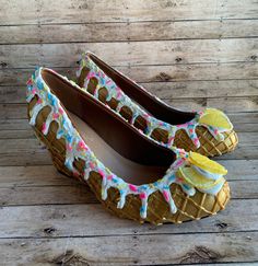 I scream, you scream, WE ALL SCREAM FOR ICE CREAM 🍦 🍦 Handcrafted wedge Heels. 3 inch heels. These heels are waterproof, sealed with high gloss sealer. Obviously you want to take extra care of these wonderful sweet shoes, a lot of hours went in to ensure their sweetness. If anything gets on your shoes, a slightly warm damp cloth should do the trick. No jumping in puddles with these bad boys, just to be safe :) Just like real ice cream, these shoes can melt in extreme heat! Avoid leaving these Ice Cream Lemon, Cream High Heels, Ice Cream Shoes, Whipped Cream Topping, Muses Shoes, Lemon Ice Cream, Lemon Ice, Womens Costume, Rockabilly Girl