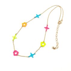 "Very cute & fun neon color hypoallergenic brass clover necklaces! This beautiful clover neon necklace is unique and great to wear for summer. The clover is thought to bring you hope, faith, love, and luck! Comes in a cute gift box, ready to present and perfect gift for girls!  - Handmade item - Color: neon multi, neon pink, neon yellow - Material: 18K Gold plating, Brass - Length : 16\" + 2.5\" extension - Charms : 10mm - Cable chain - Closure: Lobster clasp - Style: Minimalist - Lead Compliant Trendy Multicolor Flower Shaped Jewelry, Playful Bright Colored Jewelry Gift, Neon Jewelry For Summer Gifts, Clover Necklaces, Colorful Necklaces, Neon Necklace, Necklaces Dainty, Love And Luck, Flower Necklaces