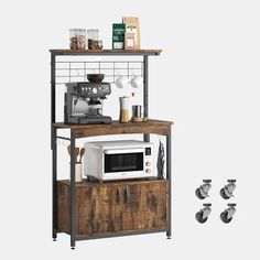 a microwave, coffee maker and other kitchen accessories