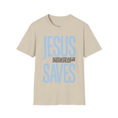 a t - shirt with the words jesus saves in blue ink on an off white background