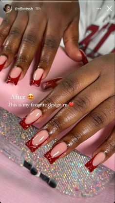 Red French Tip Birthday Nails, Sparkling Red French Tip Nails, Red Acrylic Overlay Nails, Cherry Theme Nails, Red French Valentine Nails, Red French Tip Nails With Diamonds, Red French Tips With Rhinestones, Blood Red French Tip Nails, Red Overlay Nails