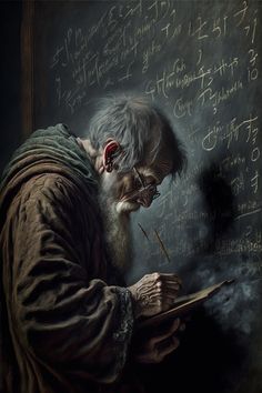 an old man writing on a chalk board