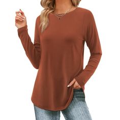 Fantaslook Long Sleeve T Shirts for Women Crew Neck Tunic Tops Casual Fall Shirts Womens t shirts with curve hemline design effectively hides your tummy and slims your figure, suitable for most body types. Womens tops features a crew neck and long sleeves create a classic silhouette.The long sleeve tunic tops for women with solid color design offers versatile styling options.The color of this casual womens t shirt is perfect for styling and the cut so flattering and comfortably.Crew neck t shirt Tunic Tops For Women, Tunic Tops Casual, Long Pullover, Tops Casual, Women Tunic Tops, Tops Fall, Shirts For Women, Classic Silhouette, Solid Tops