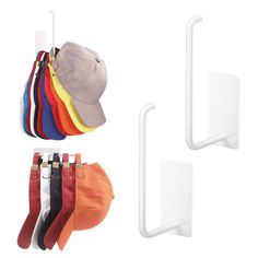 the hat rack has five pairs of hats hanging from it's hooks and is next to several other items