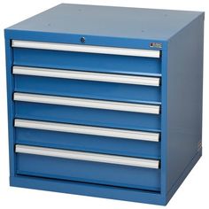 a blue tool cabinet with five drawers