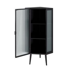 a tall black cabinet with glass doors on the front and bottom shelves, against a white background