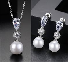 Marissa - Pearl and Cubic Zirconia Jewelry Set Pearl Bridal Jewelry Sets, Wedding Pearl Necklace, Pearl Necklace And Earrings, Pearl Necklace Wedding, Bridal Jewelry Set, Pearl Jewelry Wedding, Bridal Hair Jewelry, Necklace And Earrings Set, Delicate Chain