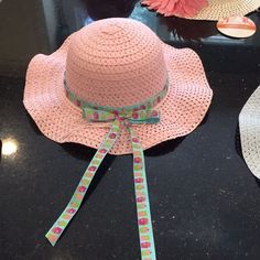 Pink Straw Hat With The Teal Blue Cupcake Ribbon Bow Inside Of The Hat Measures 7 Inches Nwt Spring Adjustable Hats For Play, Pink Summer Hat For Play, Fun Hats For Spring Playtime, Playful Spring Hats For Play, Fun Hats For Playtime In Spring, Fun Spring Playtime Hat, Cute Spring Sun Hat For Playtime, Cute Spring Hats For Playtime, Pink Adjustable Hat For Playtime