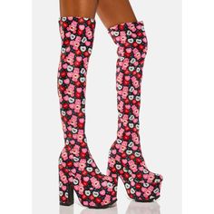 Platform Over The Knee Boots With Super Cute All Over Print Of Care Bears & Snarky Conversation Hearts. Brand New W/Out Box! Edgy Fitted Platform Boots For Spring, Fitted Edgy Platform Boots For Spring, Pink Knee-high Platform Boots For Party, Multicolor Platform Boots For Parties, Pink Knee-high Platform Boots For Spring, Spring Pink Knee-high Platform Boots, Fitted Pink Platform Boots, Pink High Heel Club Boots, Pink Knee-high Platform Boots