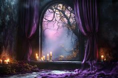 an open window with candles in front of it and purple curtains on the outside wall