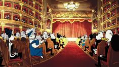 cartoon characters sitting in front of an auditorium