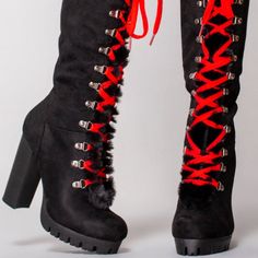 * Faux Suede And Faux Fur Upper * Zipper Closure * Rubber Outsole * Platform Make ‘Em Reveal Their Deepest Secrets With The Truth Or Dare Lace Up Boots. Made With A Smooth Black Faux Suede, These Daring Festival Boots Feature A Playful Faux Fur Front Trim, Daring Red Laces, Tantalizing Corset Style Lace-Up Design, Traction Sole, Side Zip Closure And Seductive High Block Heel. ‘Cuz You Love To Play Games. Casual Lace-up Boots For Winter Party, Casual Winter Party Lace-up Boots, Black Suede Lace-up Boots For Winter, Winter Party Suede Lace-up Boots, Winter Party Lace-up Suede Boots, Winter Party Lace-up Synthetic Boots, Chic Synthetic Lace-up Boots For Winter, Chic Winter Lace-up Synthetic Boots, Winter Faux Leather Lace-up Boots With Block Heel