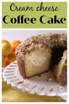 a close up of a cake on a plate with the words cream cheese coffee cake