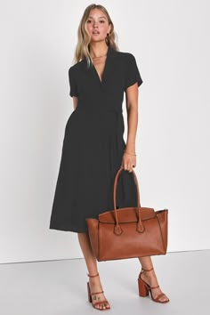 Black Linen Midi Dress - Button-Up Dress - Dress With Pockets - Lulus Midi Dress Elegant Classy, Masculine Dresses For Women, Black Midi Dress Work Outfit, Work Dress Outfits Women, Real Estate Dress Work Outfits, Cotton Midi Dress For Work, Casual Business Dresses, Casual Work Dresses For Women, School Administrator Outfits