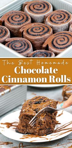 the best homemade chocolate cinnamon rolls are on a plate and ready to be eaten with a fork