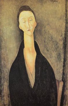 a painting of a woman sitting in a chair with her head turned to the side