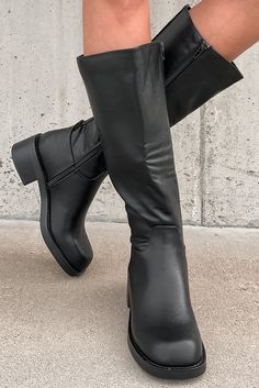 Color: Black Faux Leather Uppers Full-Length Zipper Square Toe 2" Heel Very Narrow Fit Length Runs True To Size Launched: 10/6/23 Womens Boots Tall, Accessories Closet, Black Mid Calf Boots, Leather Boots Black, Black Knee High Boots, Faux Leather Boots, Downtown Girl, Flying Monkey Jeans, Shoe Inspo