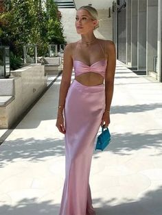 Sexy Pink Mermaid Spaghetti Straps Long Party Prom Dresses,Evening Dre – SposaDresses Tube Midi Dress, Satin Crop Top, Dress Sets, Floor Length Prom Dresses, Pink Mermaid, Party Clothes, Elegant Party Dresses, Looks Street Style, Pink Prom Dresses