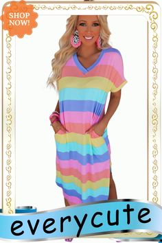 Multicolor Striped Side Split Pockets V Neck T Shirt Midi Dress Casual Colorful V-neck Dresses, Casual Striped Color Block Dress, Casual Short Sleeve Color Block Dress, Rainbow Short Sleeve Dress For Spring, Casual V-neck Color Block Dress, Casual Multicolor Short Sleeve Dress, Casual Rainbow Dresses For Vacation, T Shirt Dresses, Shirt Midi Dress