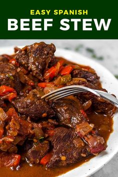 a white plate topped with beef stew next to a fork and green sign that says easy spanish beef stew