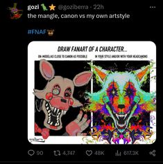 an image of two cartoon animals on the same page, one is drawn in different colors